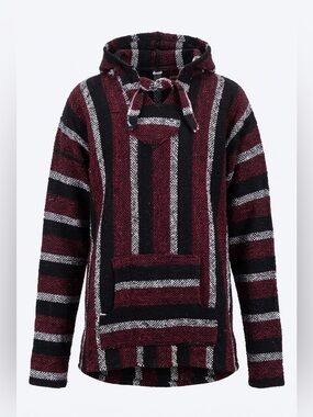 Striped Hooded Pullover Sweater - Burgundy/Black